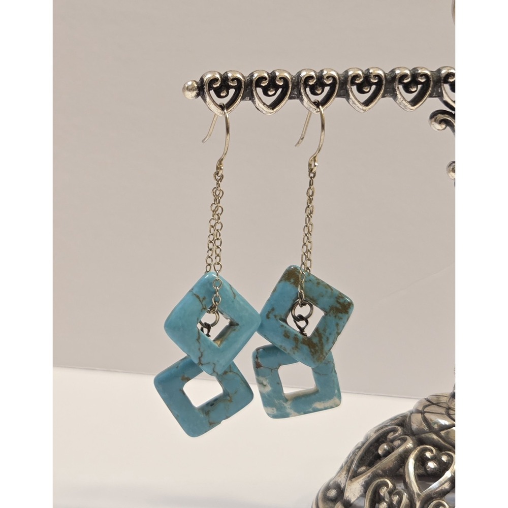 Unique Modernist Sterling Silver & Square Turquoise Dangle Earrings